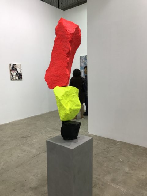 Sadie Coles black yellow red mountain, 2016 painted stone, stainless steel, pedestal. 190.5 x 50 x 60 cm. Unique